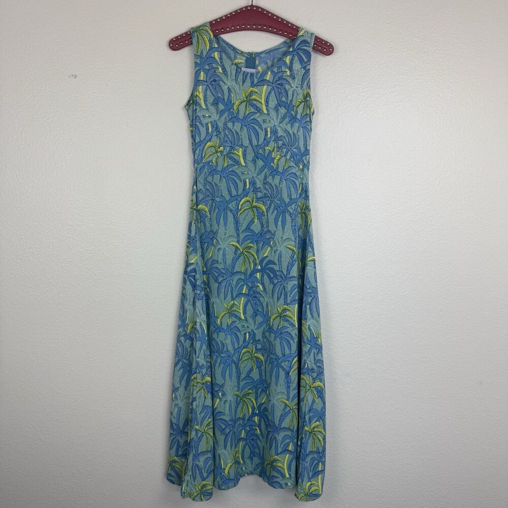 Rainbow Jo Tropical Palm Tree Print Sleeveless A-Line Midi Dress Green Blue XS